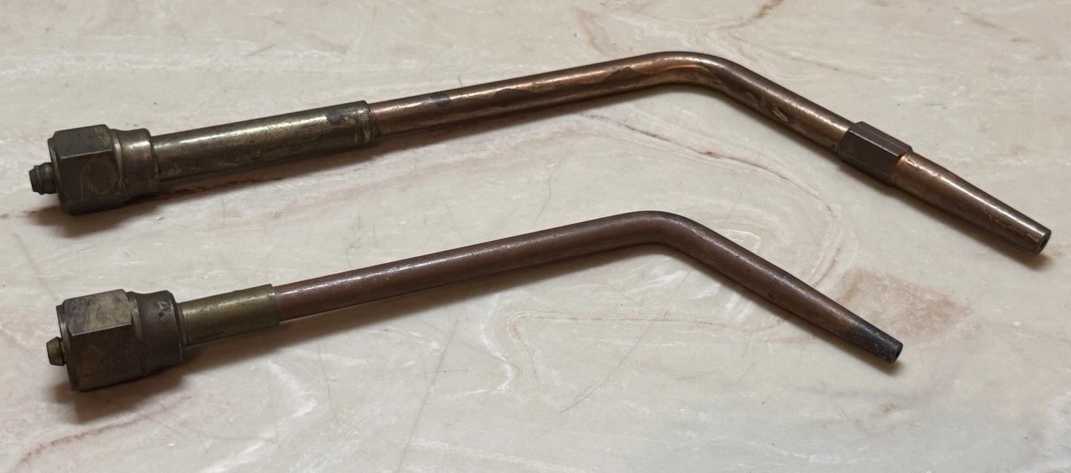 VTG Antique Working Cutting Torch Tips Copper Brass 2 Qty Angled 13” & 11”