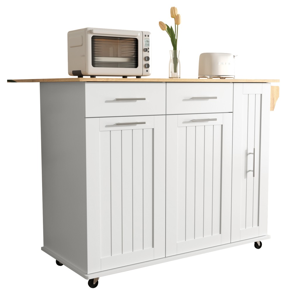 Kitchen Island with Drop Leaf with 3 Tier Pull Out Cabinet Organizer, White