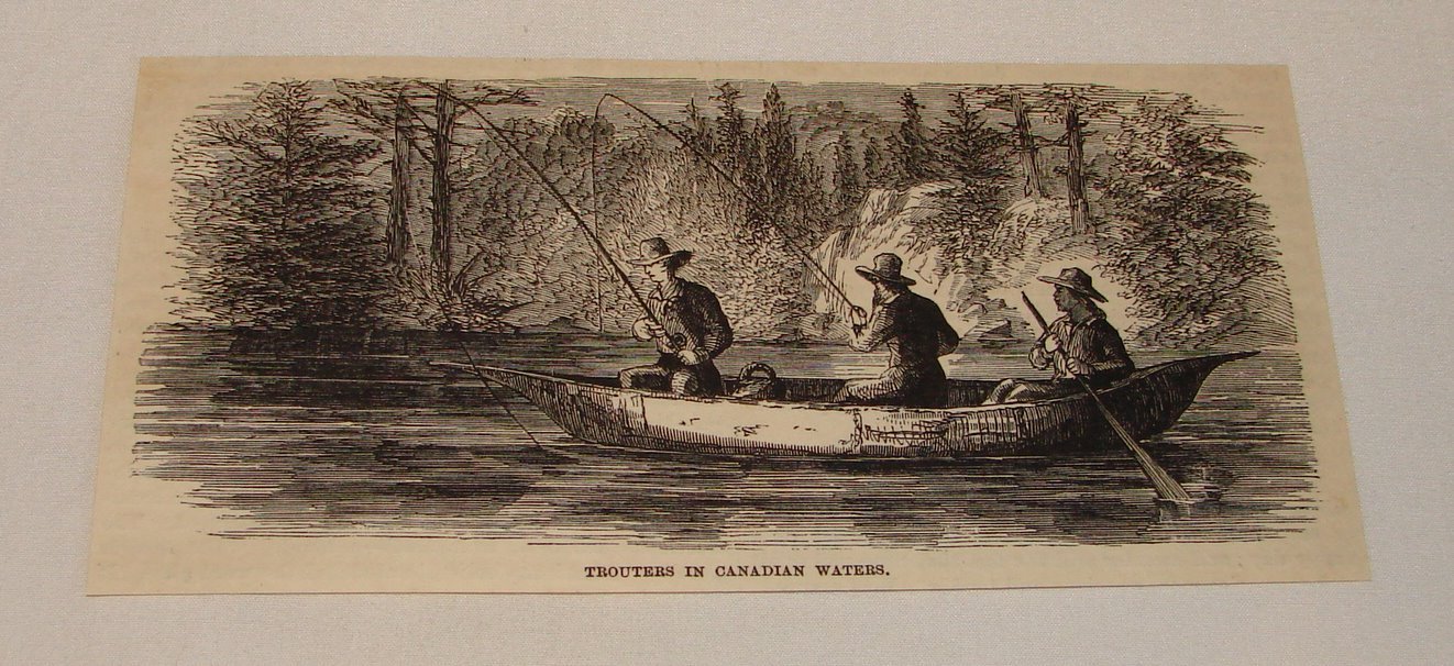 1884 magazine engraving ~ TROUTERS IN CANADIAN WATERS Fly Fishing