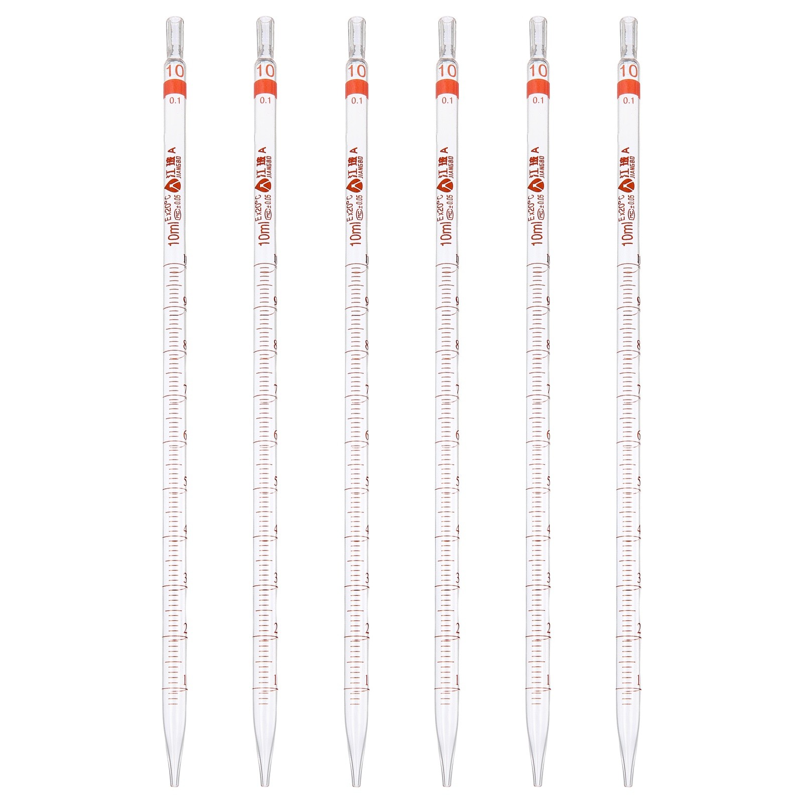 6Pcs 10ml Glass Graduated Pipettes +/- 0.05 Tolerance with Color-Coded, Clear