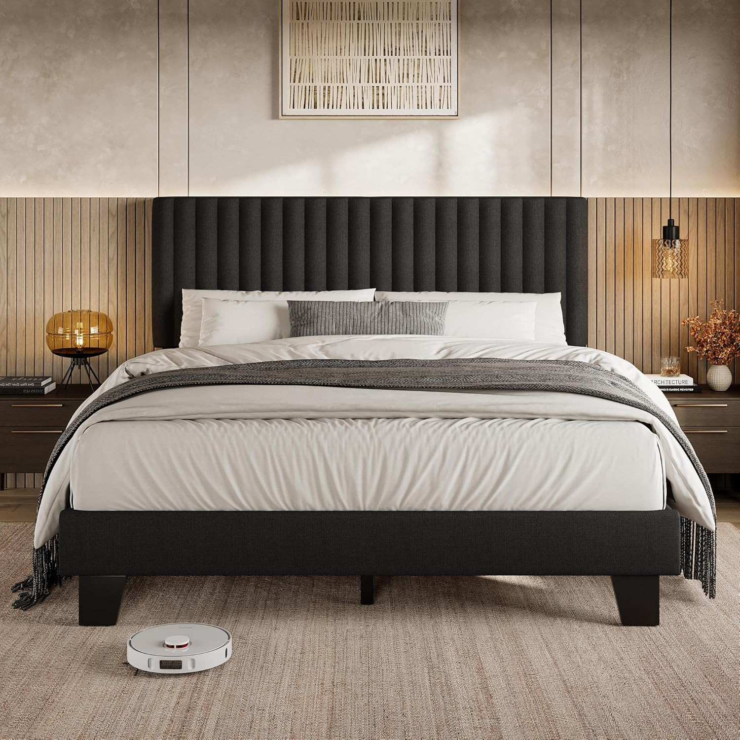 Queen Size Bed Frame w/ Headboard, Upholstered Linen Platform Bedframe with Soli