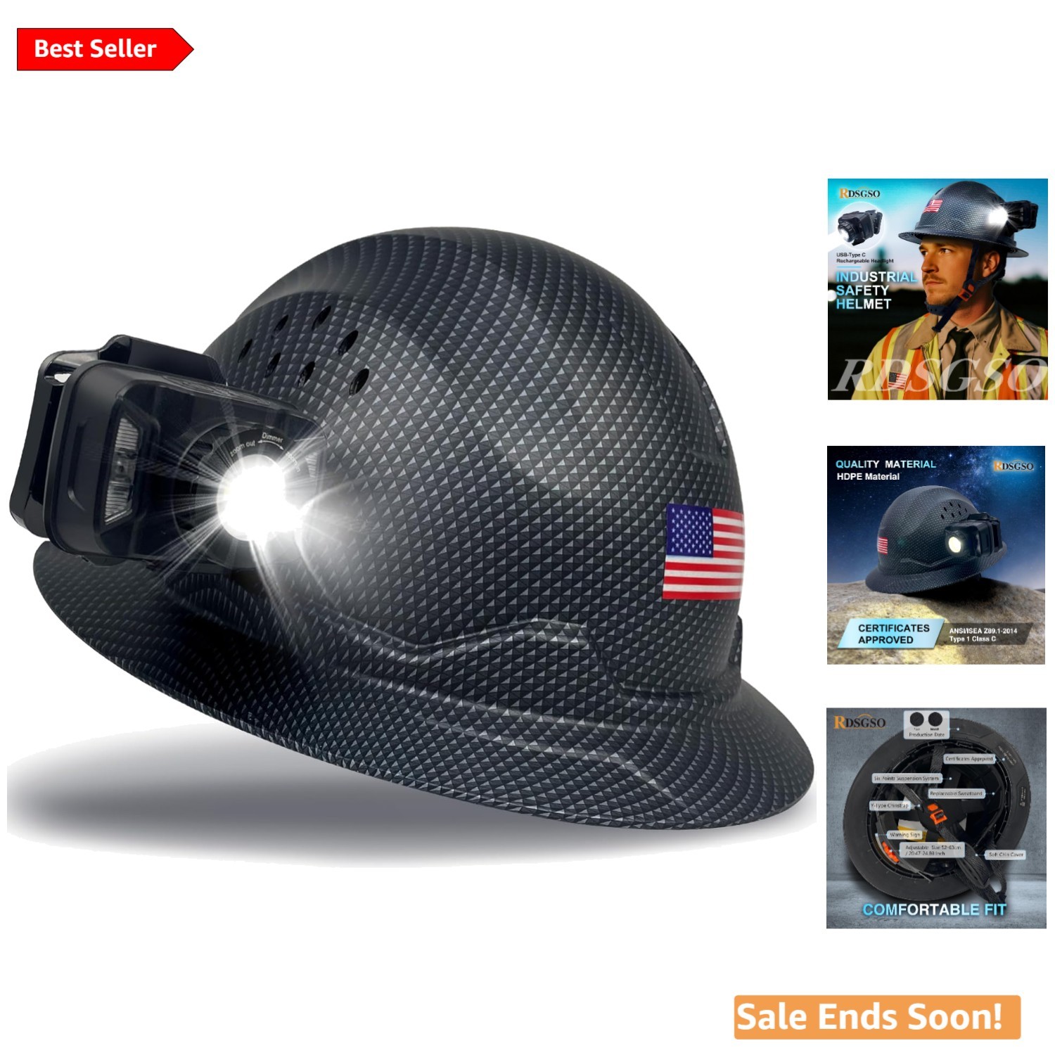 Lightweight ANSI Certified Hard Hat with Built-in Headlight & Adjustable Airflow