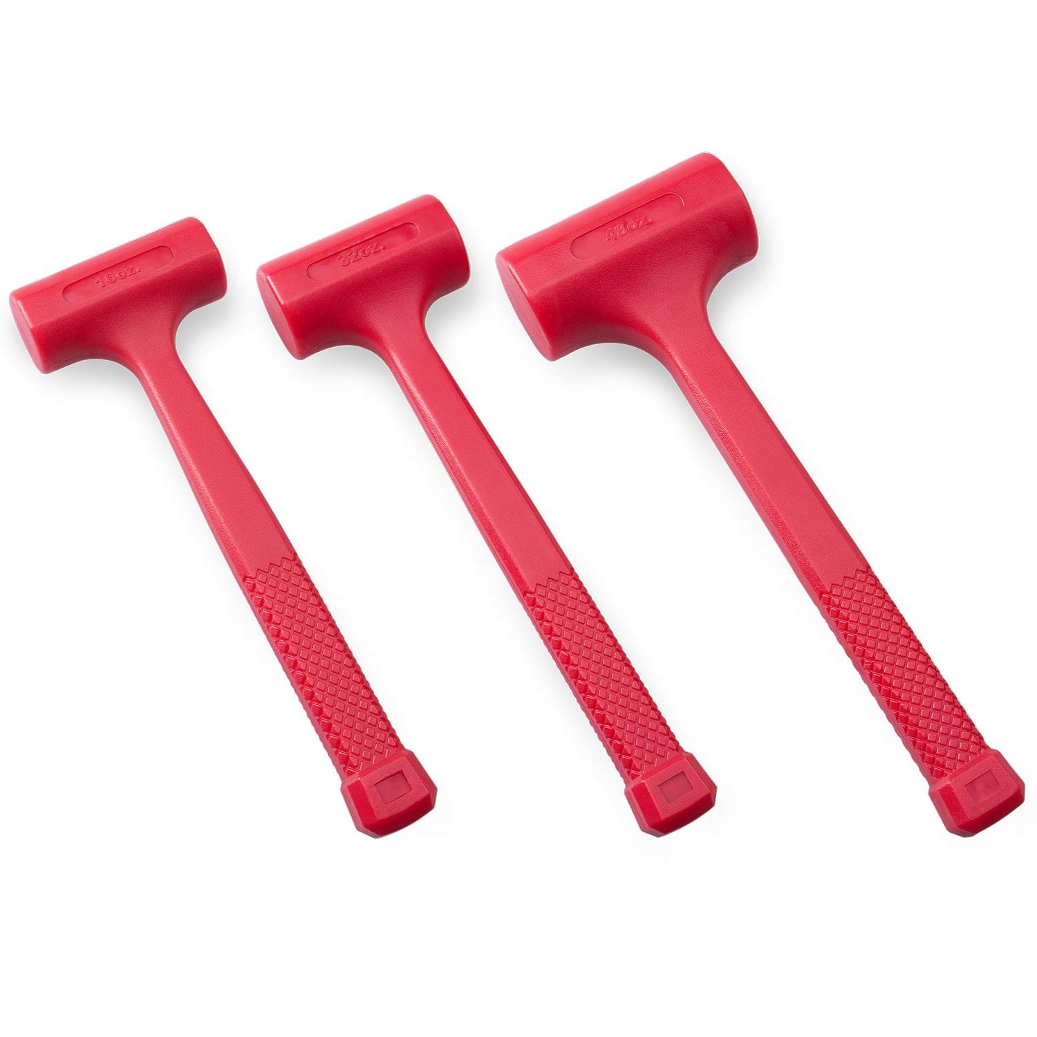3-Piece Dead Blow Hammer & Mallet Set - 16oz, 32oz, 48oz - Red