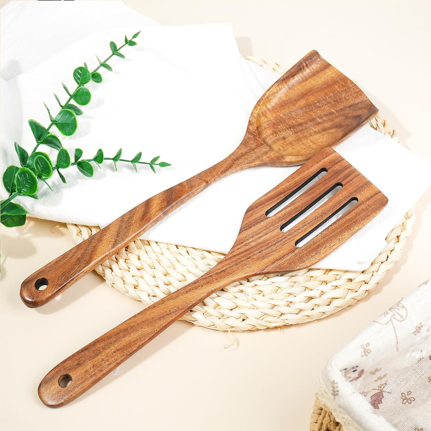 FJNATINH 2 Pcs Wooden Spatula Set for Cooking, Natural large, 2pcs