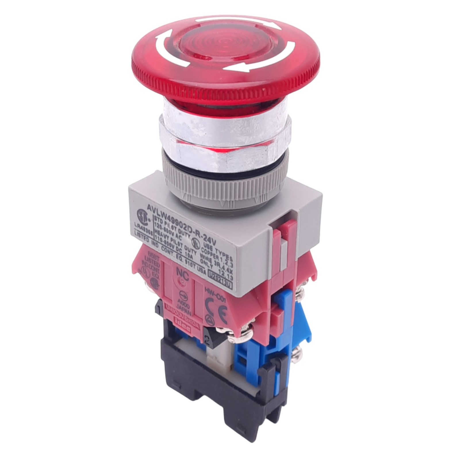 IDEC AVLW49902D-R-24V Illuminated Push/Twist E-Stop, ø22mm, 2NC 1NO, 24V Lamp