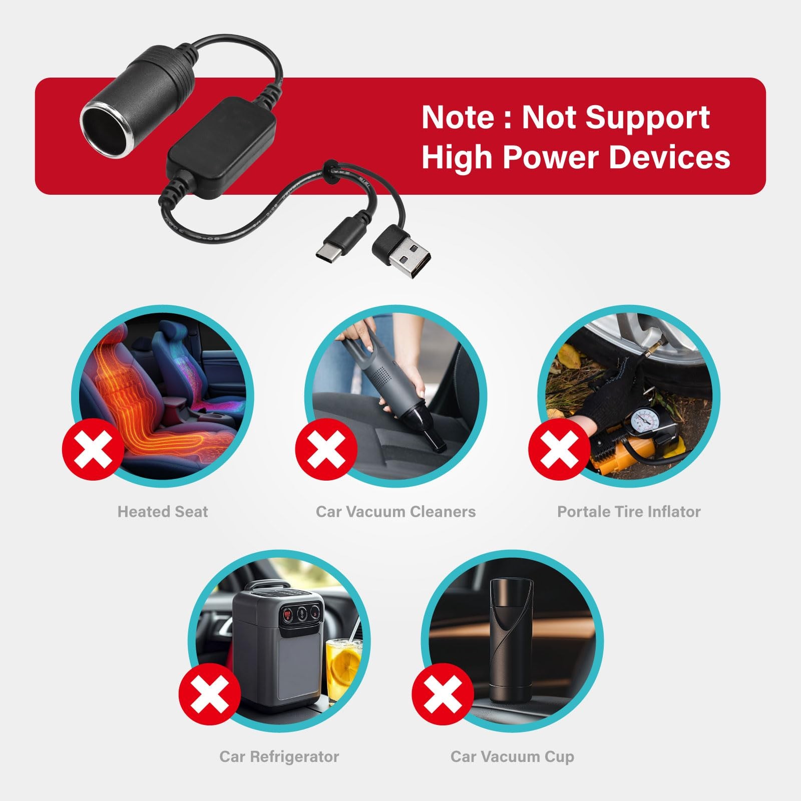 PERNIS USB to Cigarette Lighter Adapter, 35cm Cable, A & C Input black
