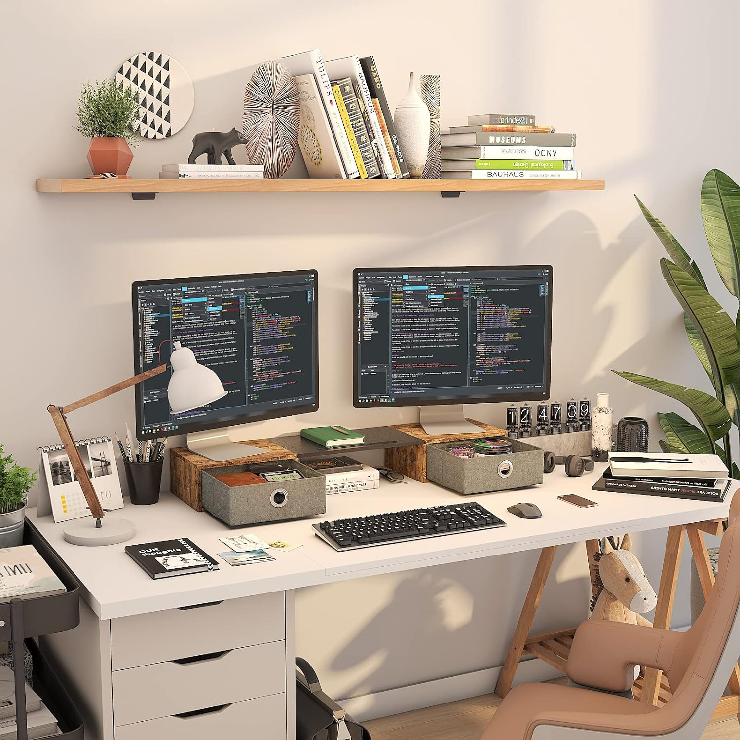 Dual Monitor Stand Riser with Two Drawers, Extra Large Storage for 2 Monitors, D