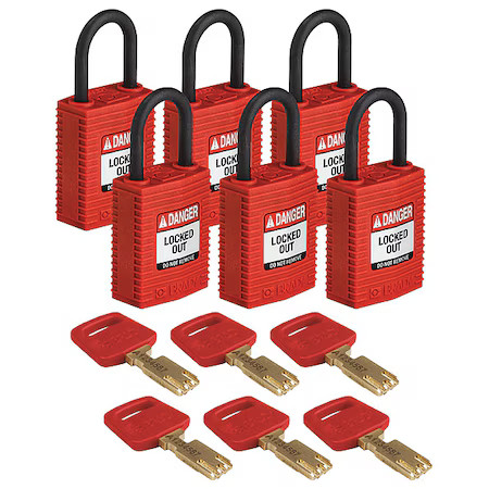Brady Cpt-Red-25Pl-Ka6pk Lockout Padlock, Keyed Alike, Nylon, Red, 1 In Shackle