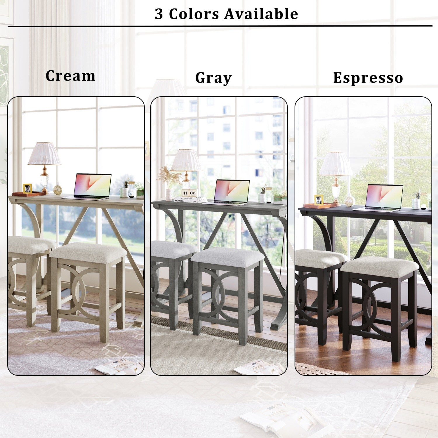 Rustic 3 Piece Counter Height Table Set Small Spaces w/ 2 Bar Stools & USB Port