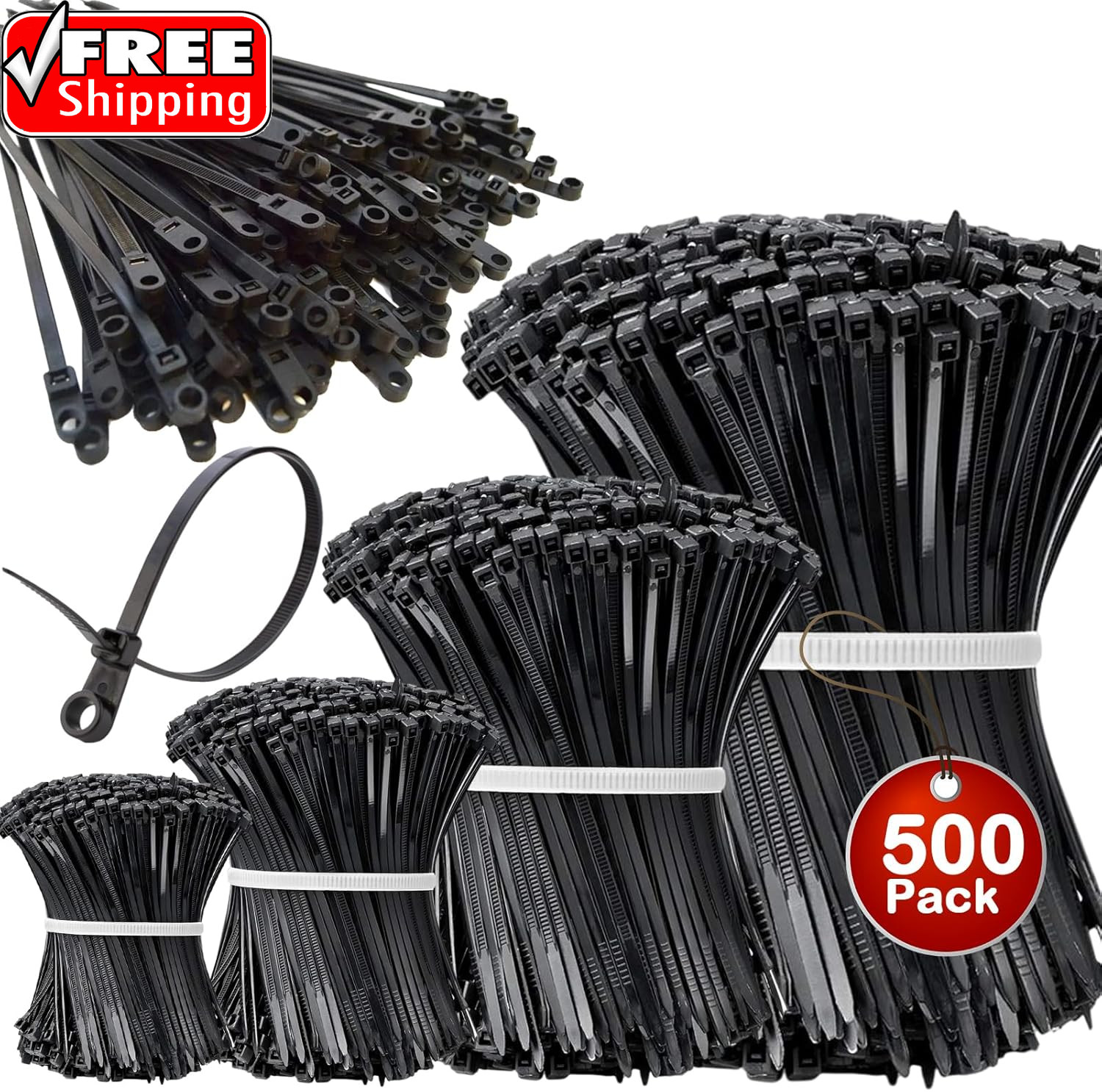 400+100Pcs Zip Ties Assorted Sizes Black Zip Ties with Screw Hole 100Pack 4/6/8/
