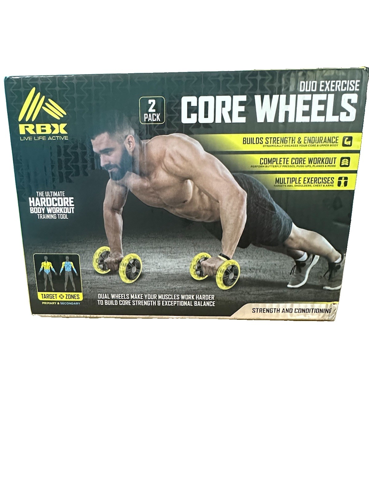 RBX Core Wheels Duo 2-Pack Ab Roller Wheels w/ Foam Handles Yellow/Black