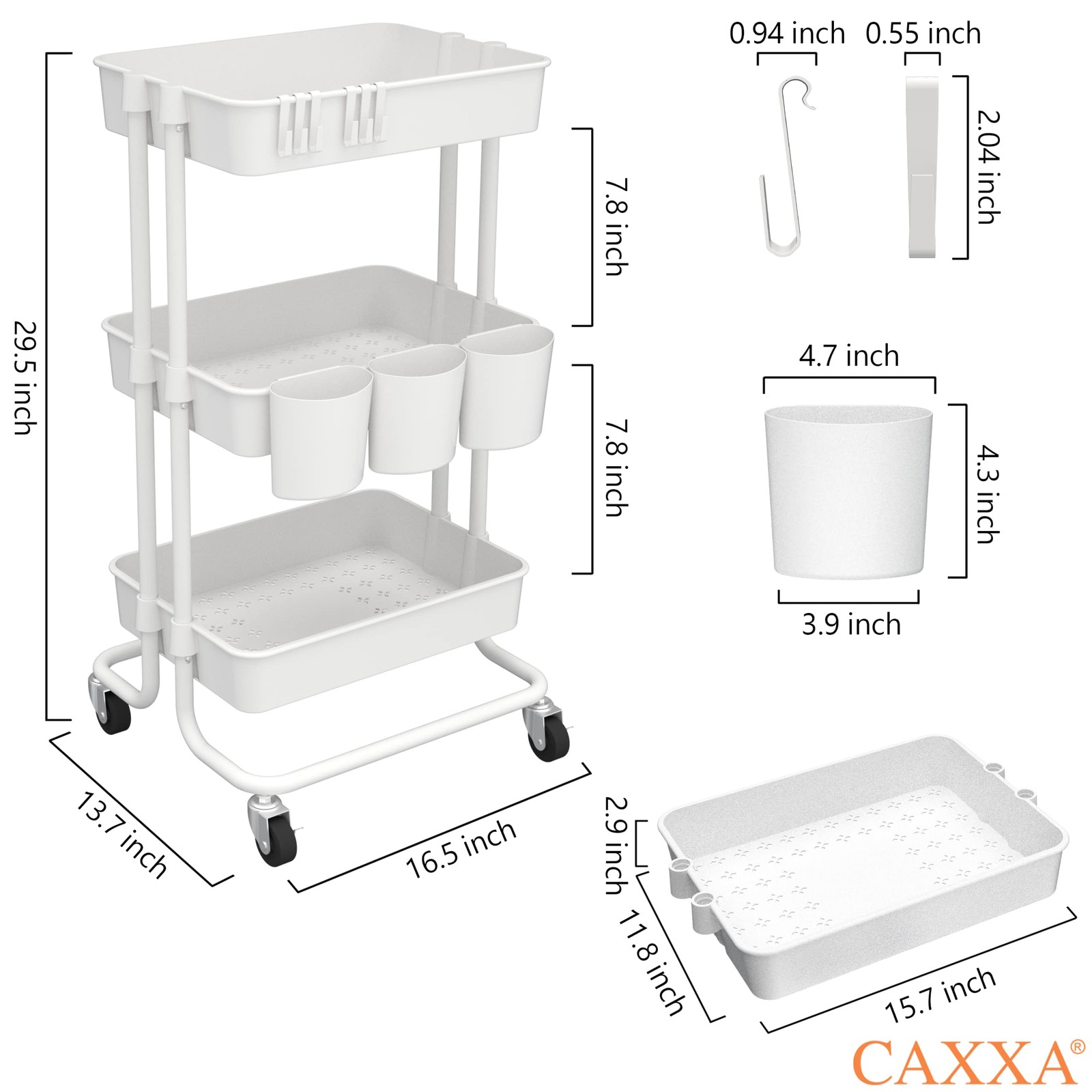 3 Tier Rolling Storage Organizer Mobile Utility Cart with Baskets Wheels White