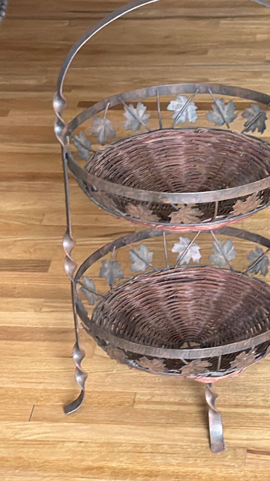 Two Tiered Iron Leaf and Wicker Basket Stand with Bowl Baskets
