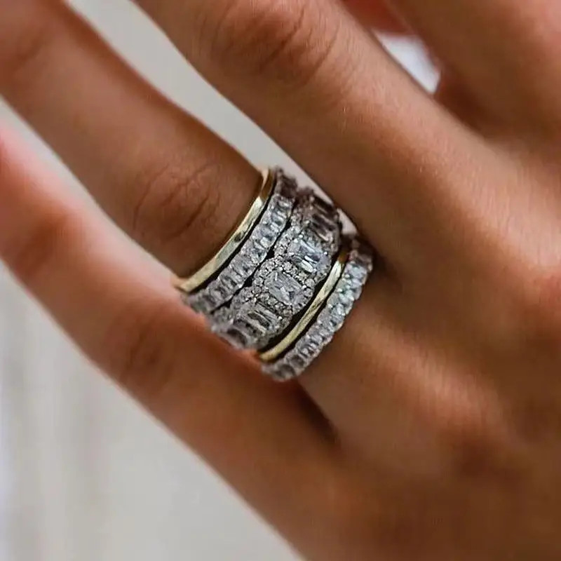 Simulated Zirconia Ring Baguette Staggered Womens Bridal Wedding 5PCS Set