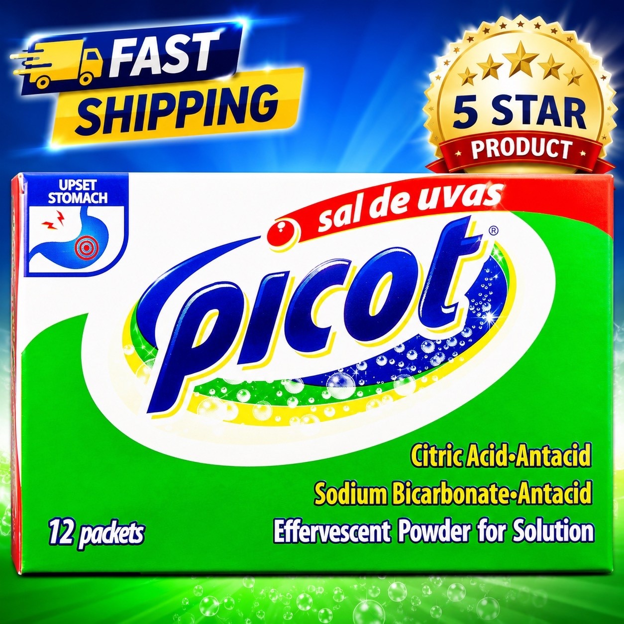 Sal de Uvas Picot, Effervescent Powder Solution, Antacid, 0.17 Oz, 1 Box of 12 A