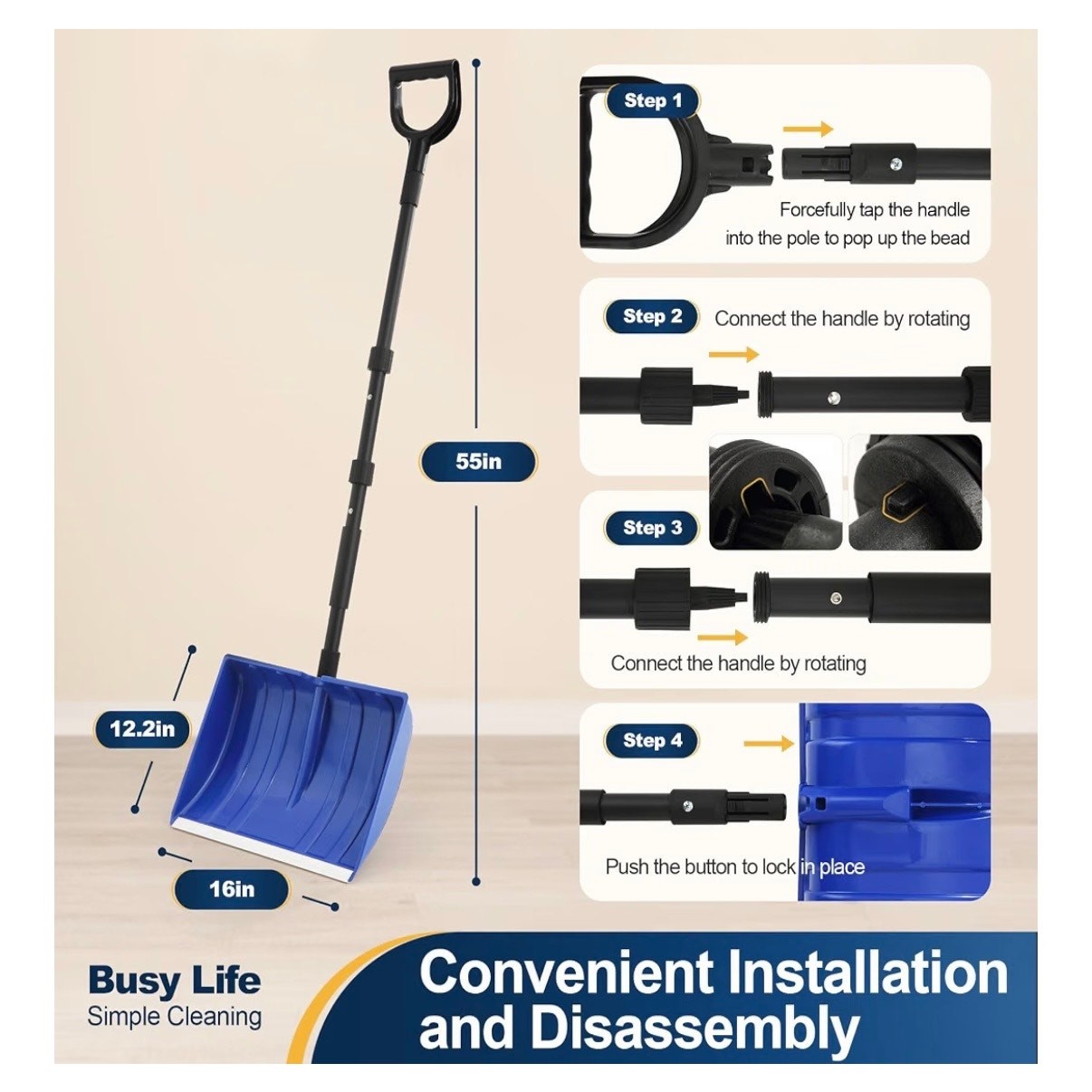 Large Capacity Snow Shovel with Adjustable Handle – 16" Wide Blade