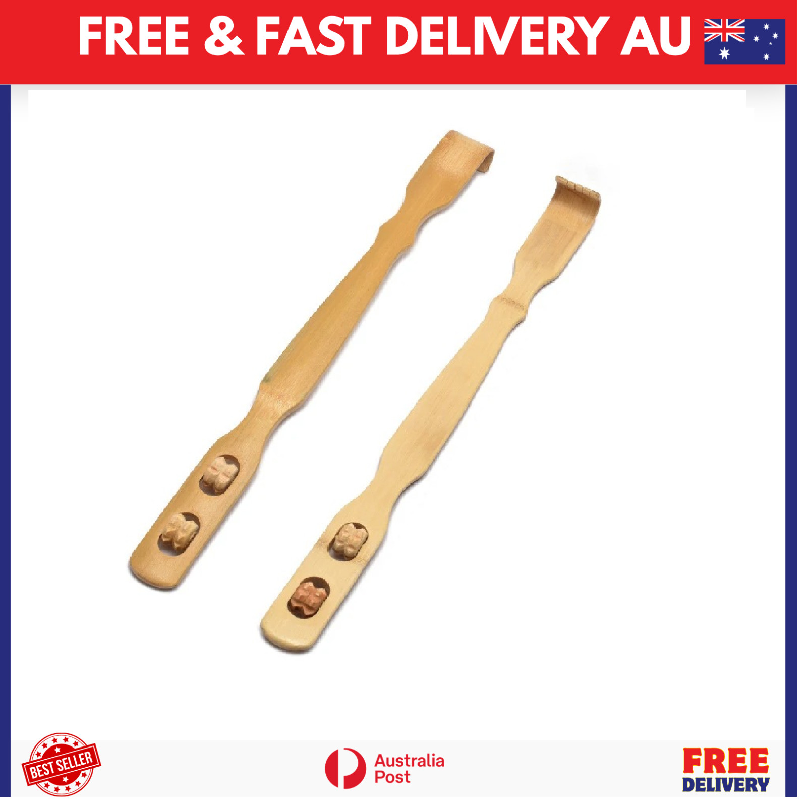 2x Long Reach Wooden Bamboo Scratch Back Scratcher Body Massage Itchy Relieve AU