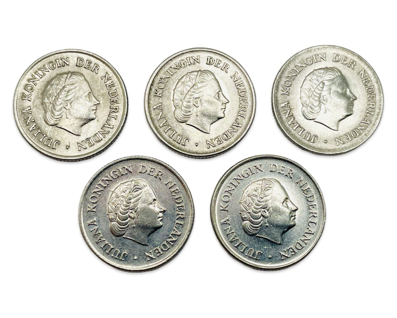 Lot of 5 Netherlands 25 Cents Coins - 1964 to 1968 Date Run - Combined Ship