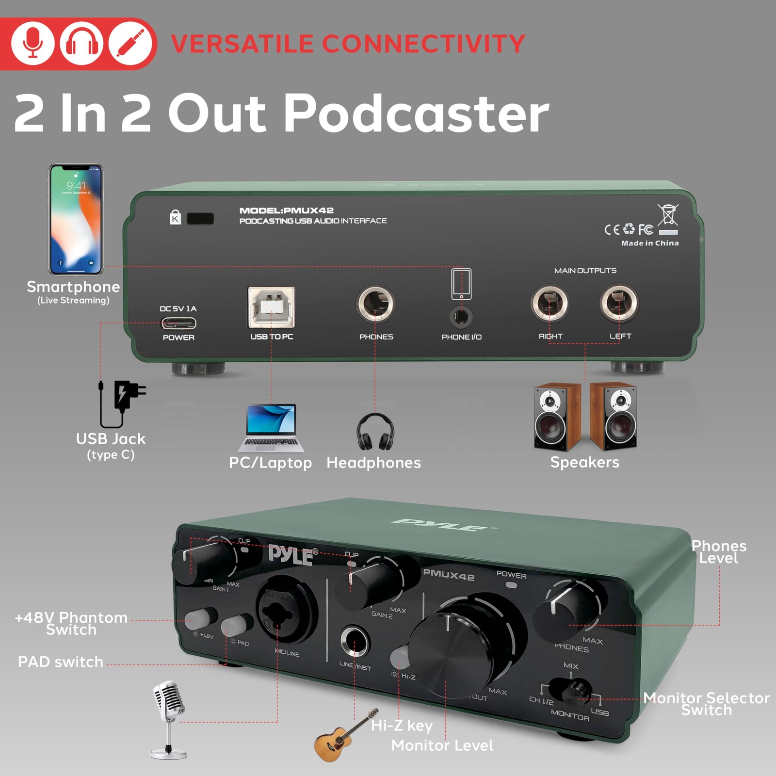 Pyle USB Audio Interface for Recording, Streaming & Podcasting