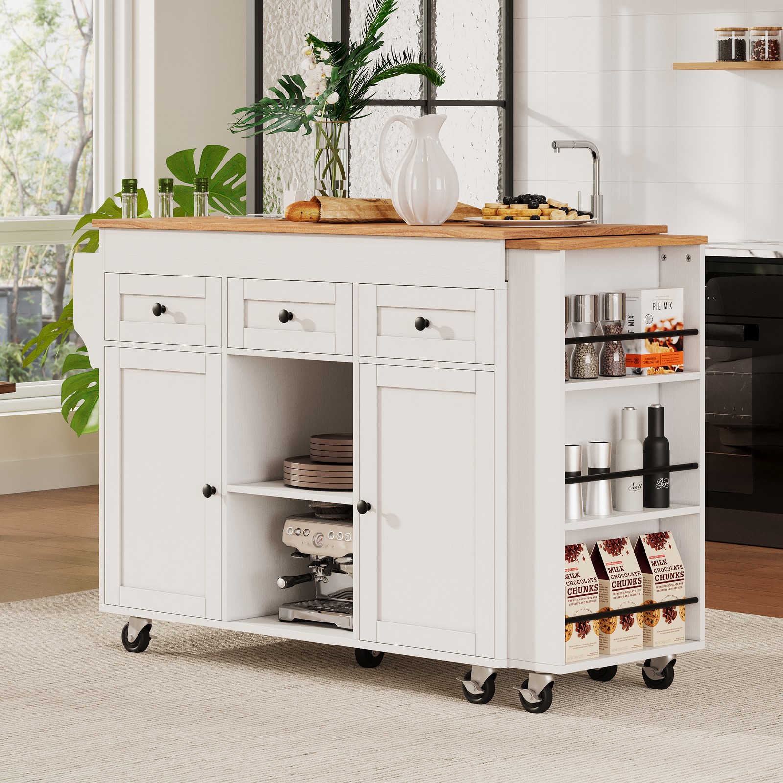 White Kitchen Island with Extendable Dining Table, 3 Drawers, 2 Doors, 85.5"