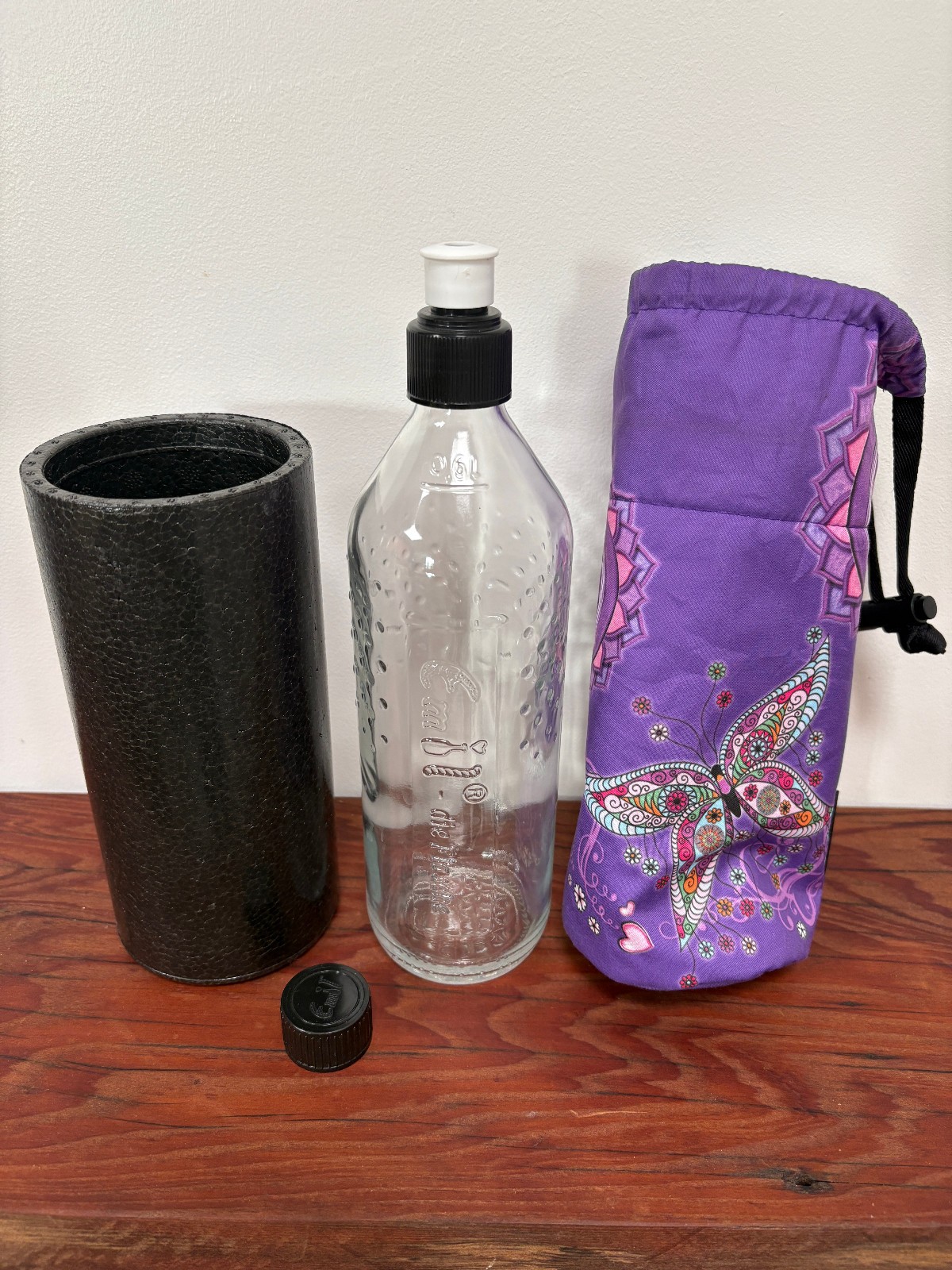 Water bottle tumbler flask, Glas, Insulated, BPA free, textile bag, Purple