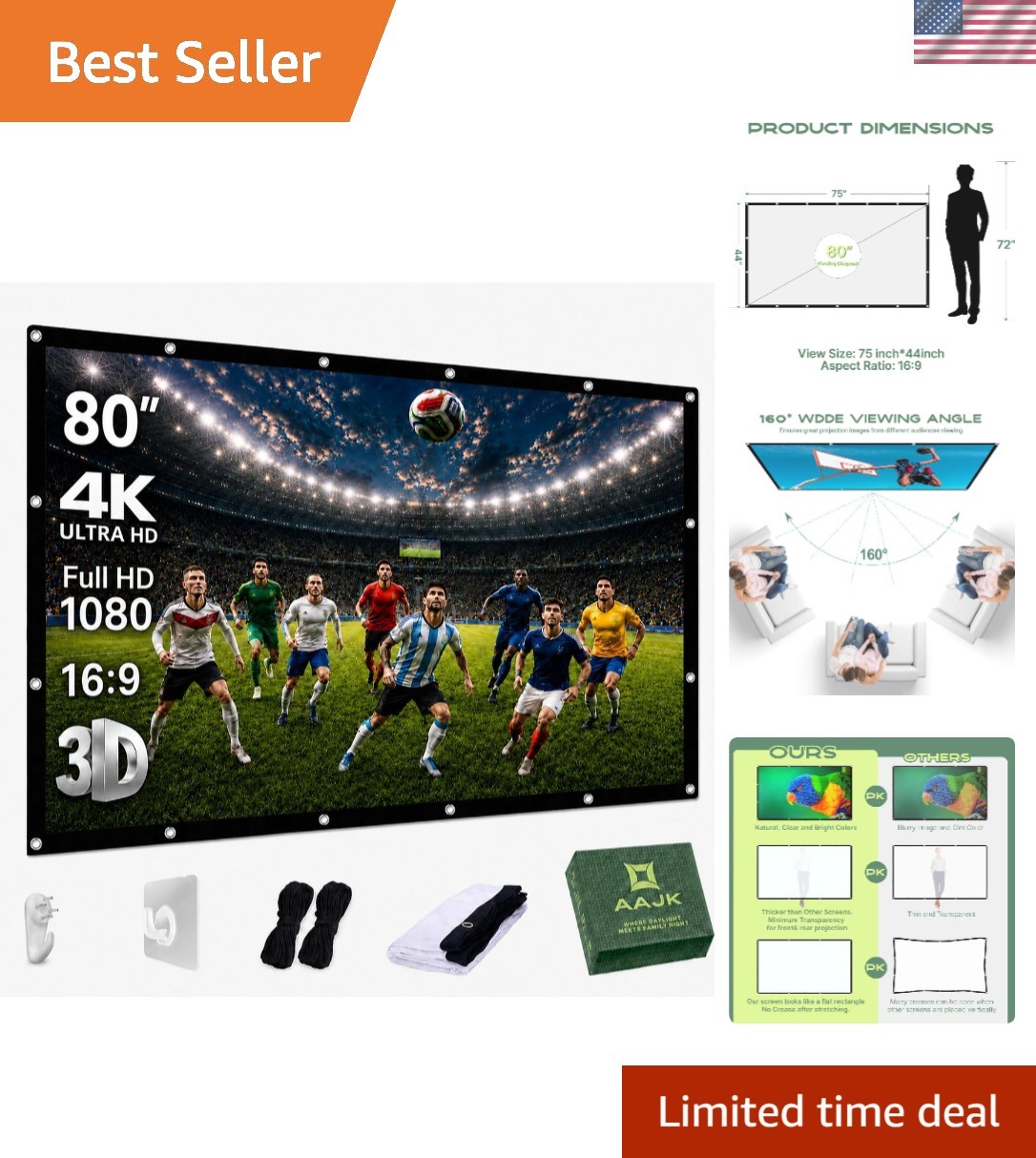 High-Quality 80" 16:9 Projector Screen – Lightweight, Foldable & Easy to Mount