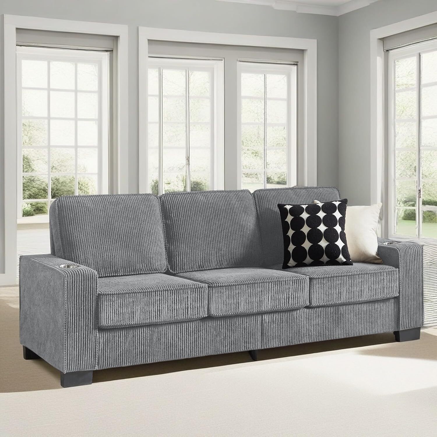 84" Modern Sofas Couches 3 Seater Couch w/Cup Holders,Corduroy Deep Seat Comfy