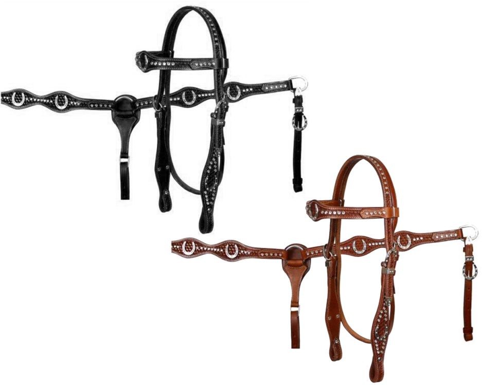 Fully Tooled & Horseshoe Conchos & Rhinestones Headstall & Breastcollar Rein NEW