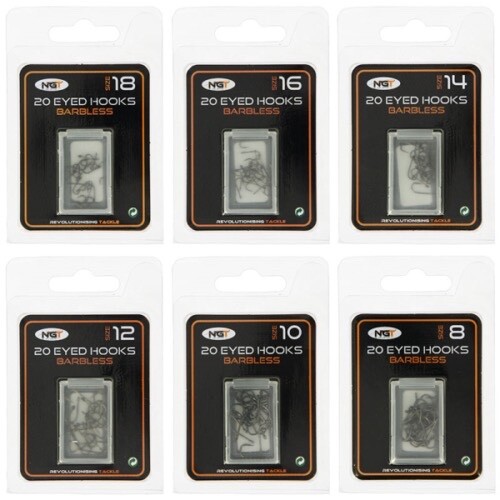 NGT Eyed Coarse Carp Barbel Fishing Barbless Hooks size 8,10,12,14,16,18 20 pack