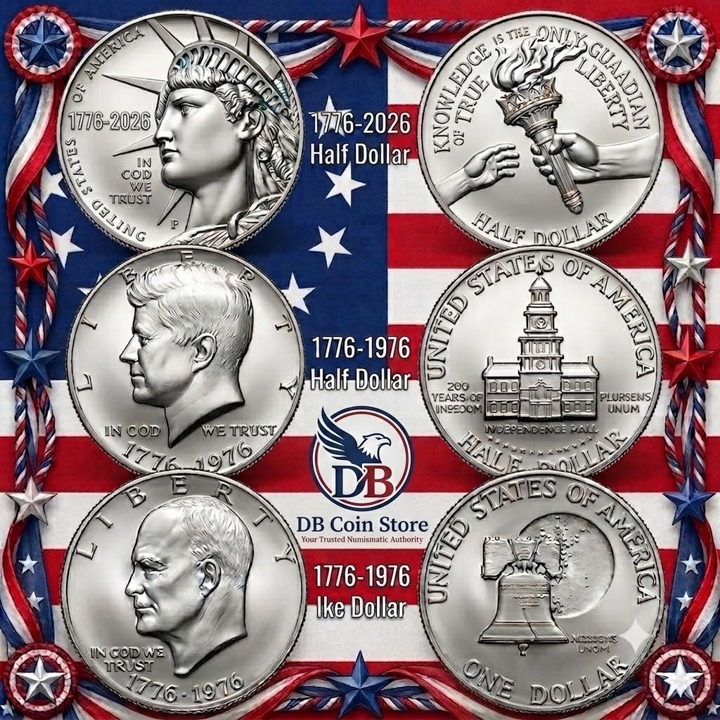 2026 P Semiquincentennial & 1976 Bicentennial Half Dollar + "Ike Silver Dollar",
