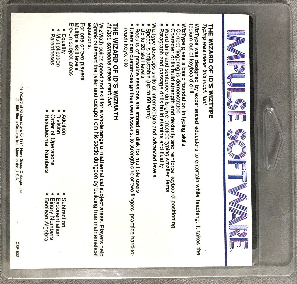 NIB WizType/WizMath Commodore 64/128 Impulse Software published clamshell 1986