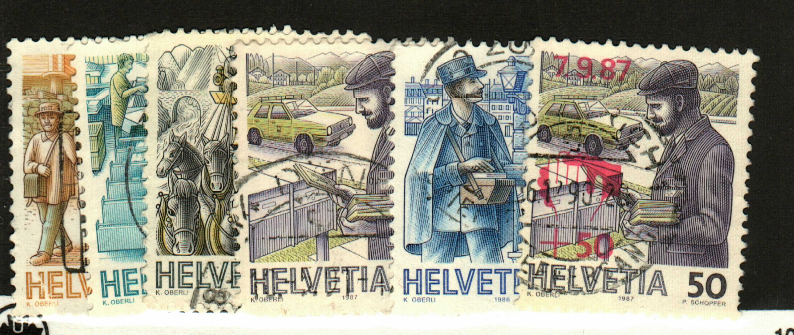 Switzerland #781-83, 786, 789, B535 used Mail delivery