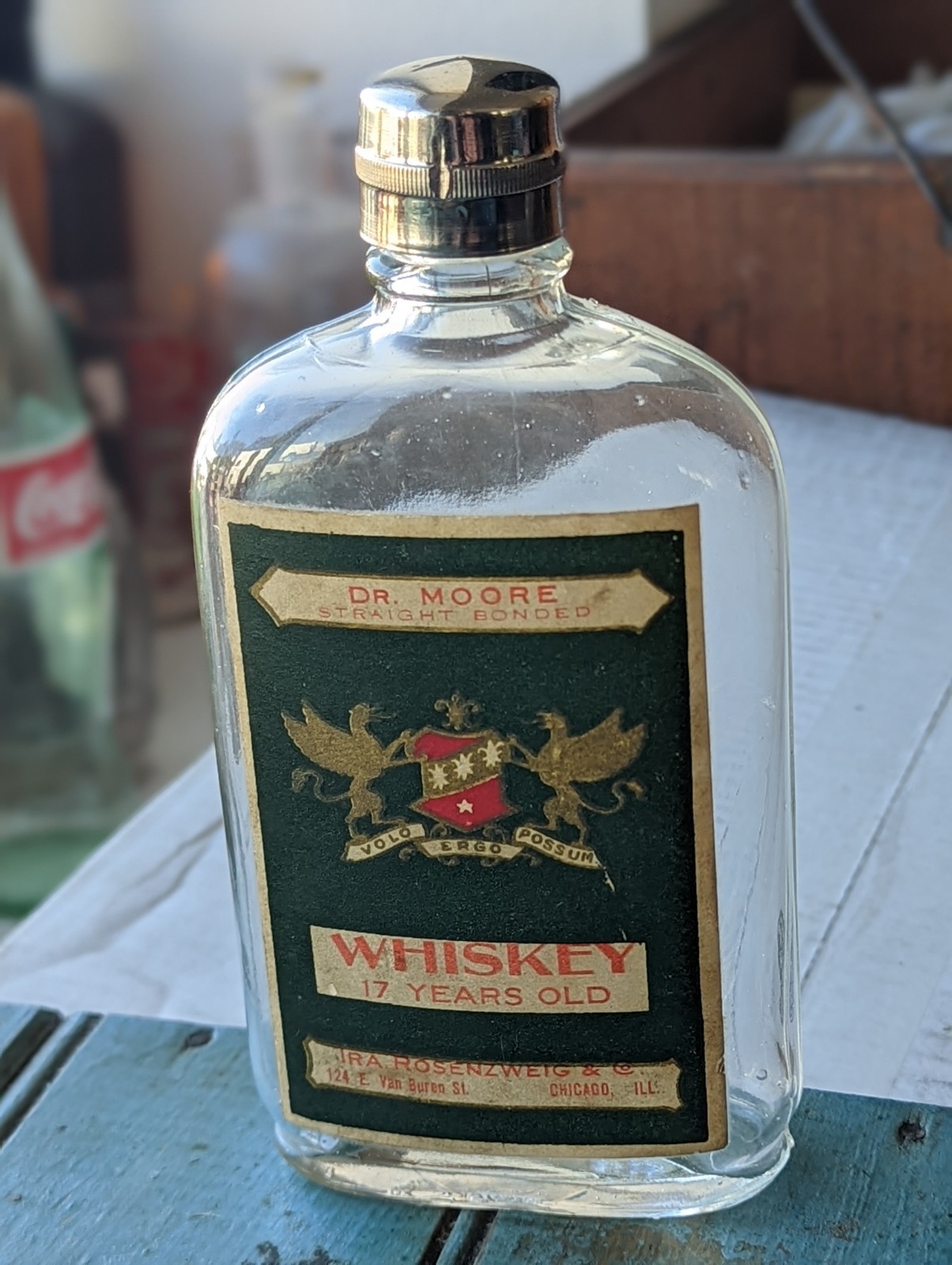 Pre-pro Label Half Pint Whiskey Flask  Advertising Rosenzweig Chicago Illinois
