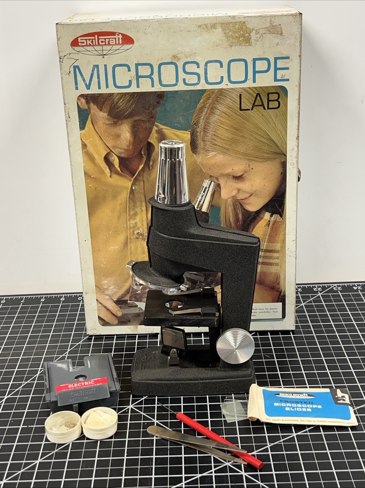 1960s SkilCraft 450 Metal Microscope Lab Set w/ Metal Case & Accessories Vintage