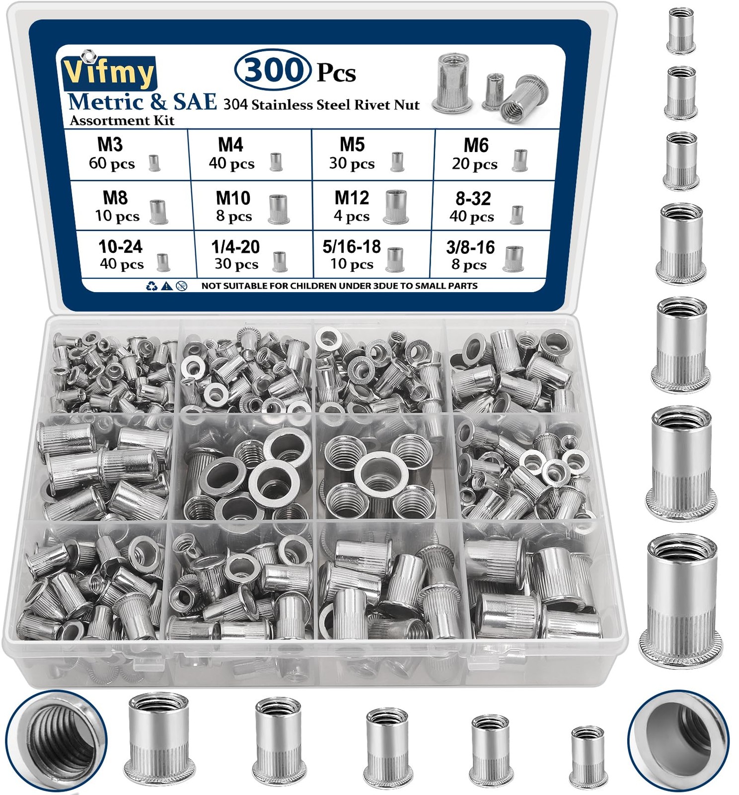 Vifmy Metric & SAE Rivet Nut & Assortment - 300 Pcs, Silver