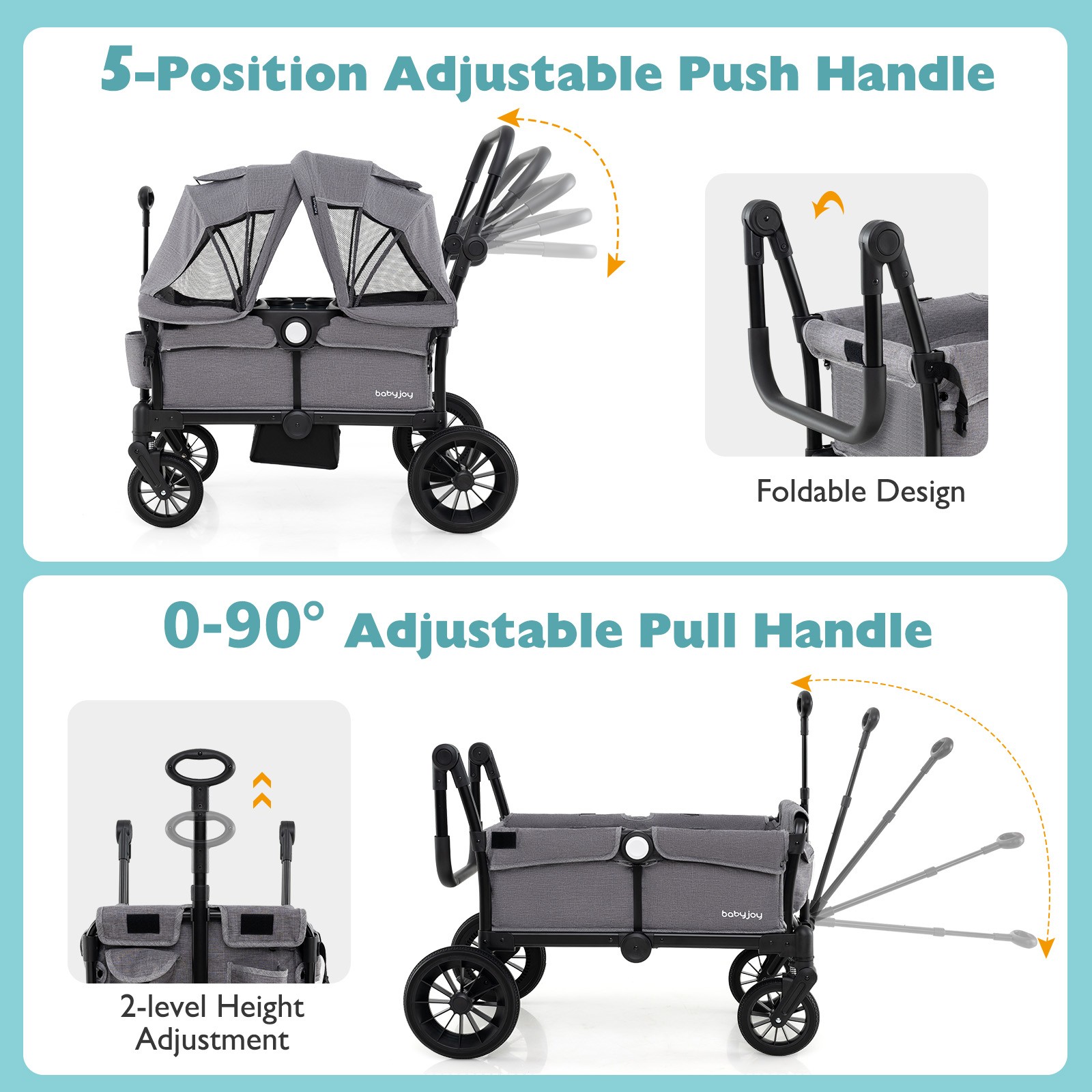Wagon Stroller for 2 Kids Push Pull Double Stroller w/ Adjustable Handle
