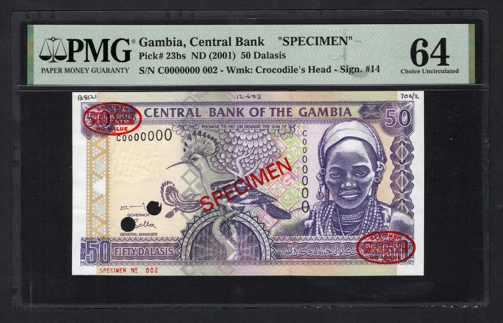 Gambia 50 Dalasis ND(2001) P23bs "Specimen N.002" Uncirculated Grade 64 Top Pop