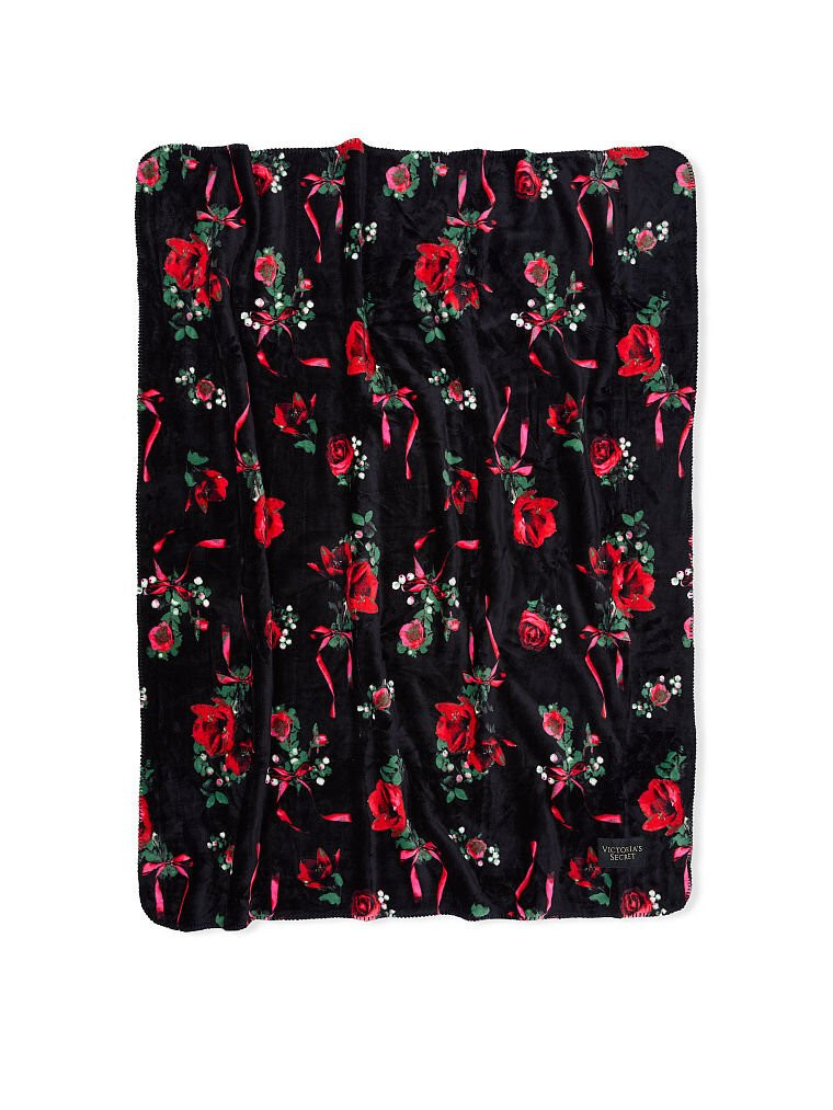 Victoria's VICTORIA SECRET Black Rose FLORAL Fleece Sherpa BLANKET  50 x 60