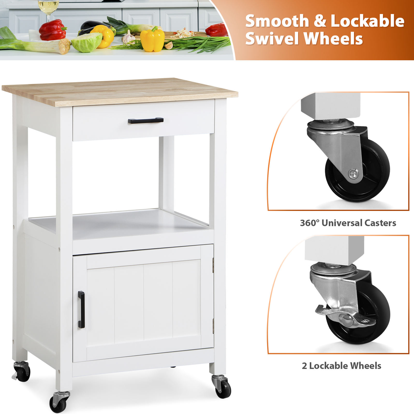 Kitchen Cart with Drawer on Swivel Wheels with 3 Side Hooks for Dining Room