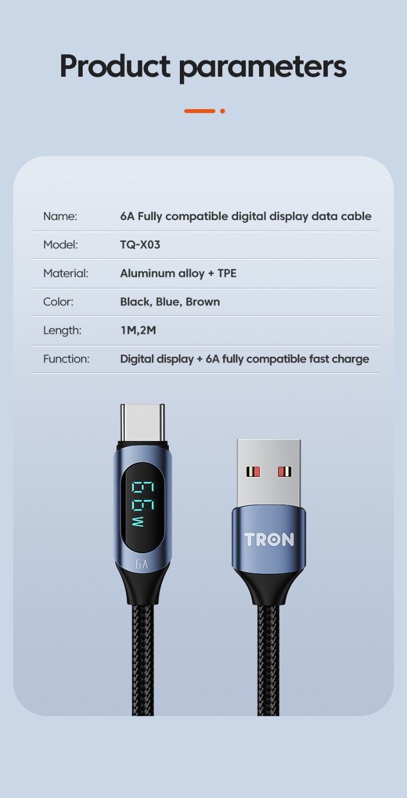 TRON USB A-C Digital Display Braided Charging Cable 6A | 5FT