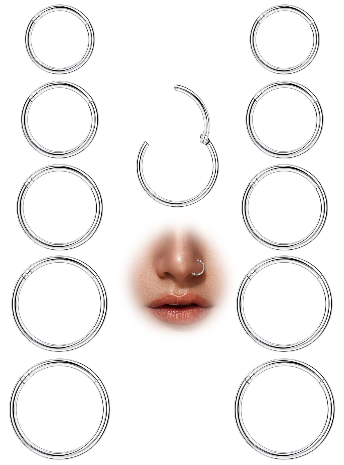 10Pcs 18G 20G Surgical Steel Nose Rings Hoops for Women Men Hinged Seamless C...