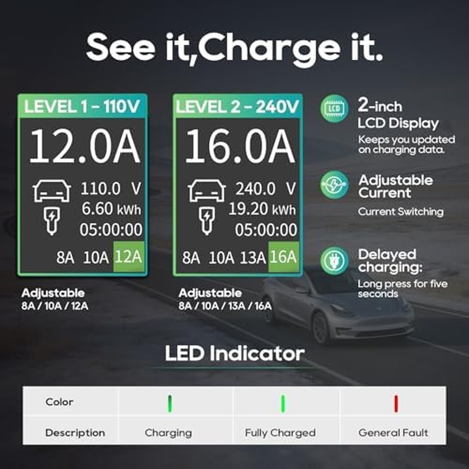 Level 1/2 Portable EV Charger for Tesla Model Y/3/S/X, Home 240V 16A (NEMA 6-...
