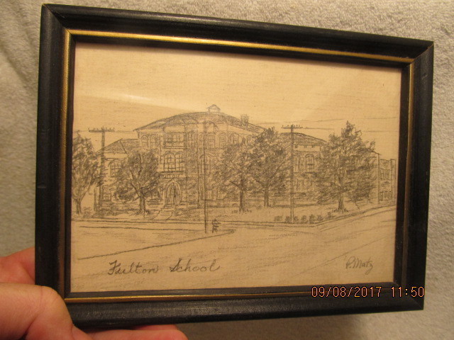 Original Framed Pencil Drawing of Fulton School in Evansville IN P. Matz Artist