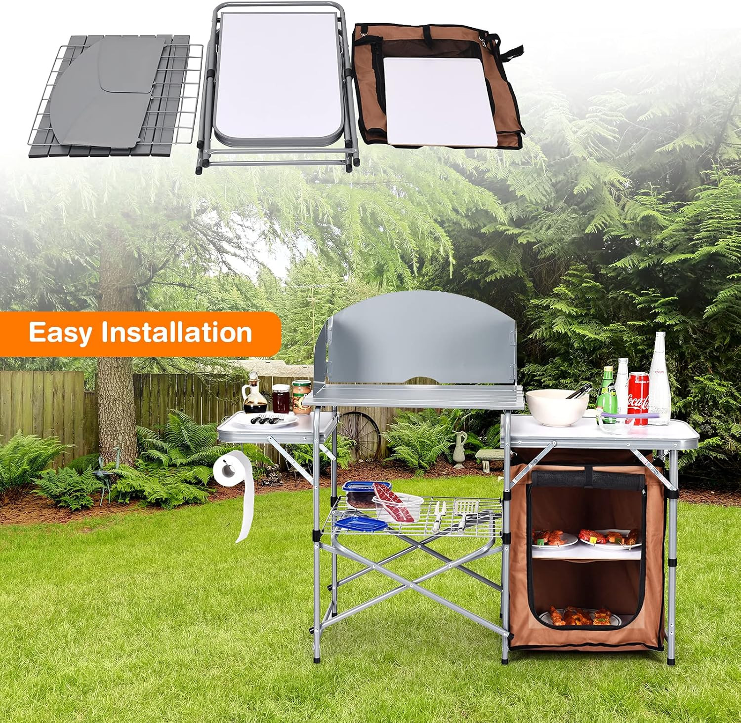 Folding Grill Table with 26'' Tabletop and Detachable Windscreen, Aluminum Porta