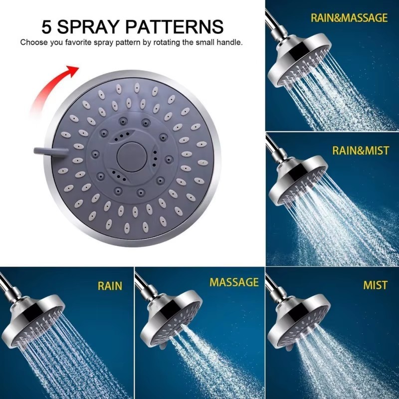 4" Chrome Finish 5 Function Shower Head High or Low Pressure With 5 Spray