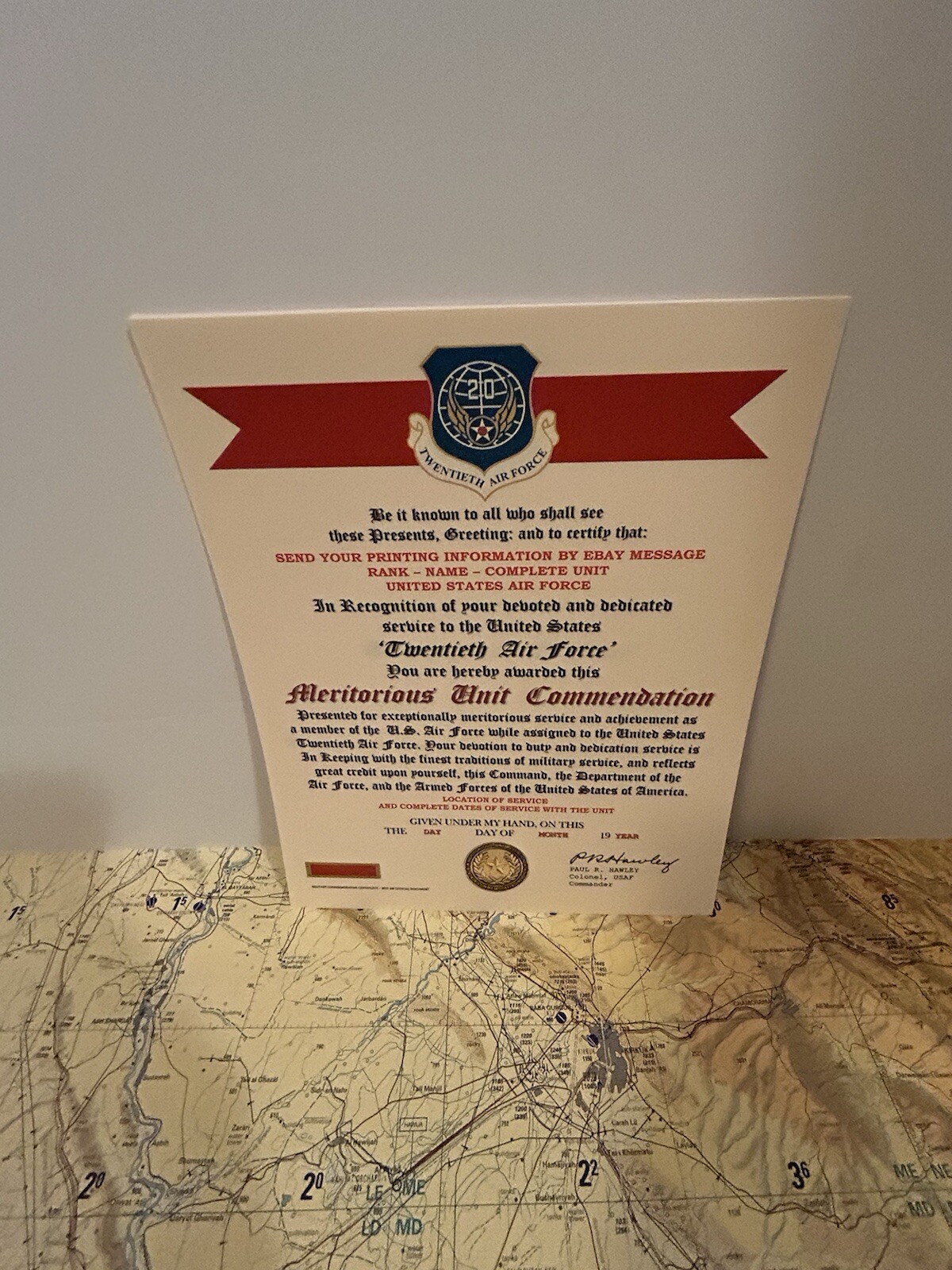 U.S. AIR FORCE / 20TH AIR FORCE - MERITORIOUS UNIT COMMENDATION CERTIFICATE