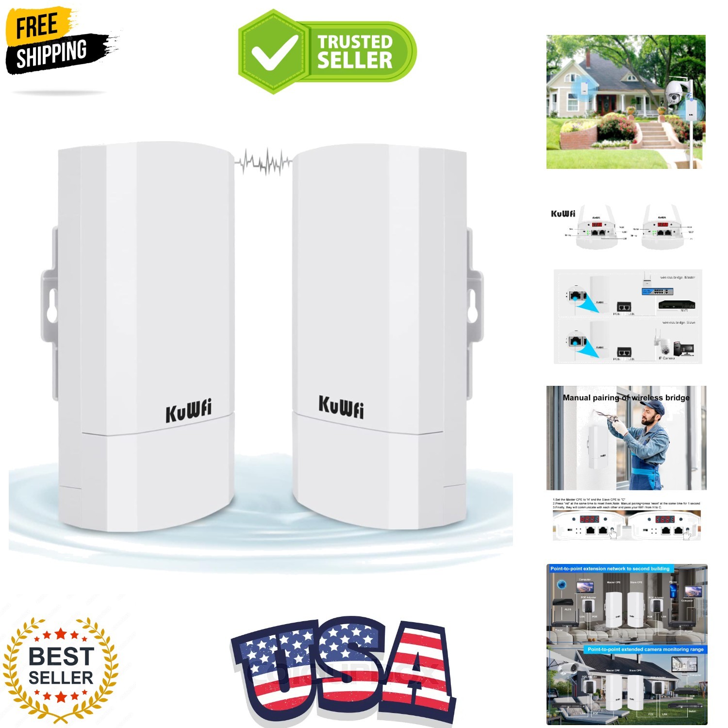 2-Pack 300Mbps Wireless Bridge, Outdoor CPE WiFi Kit Point to Point Wireless ...