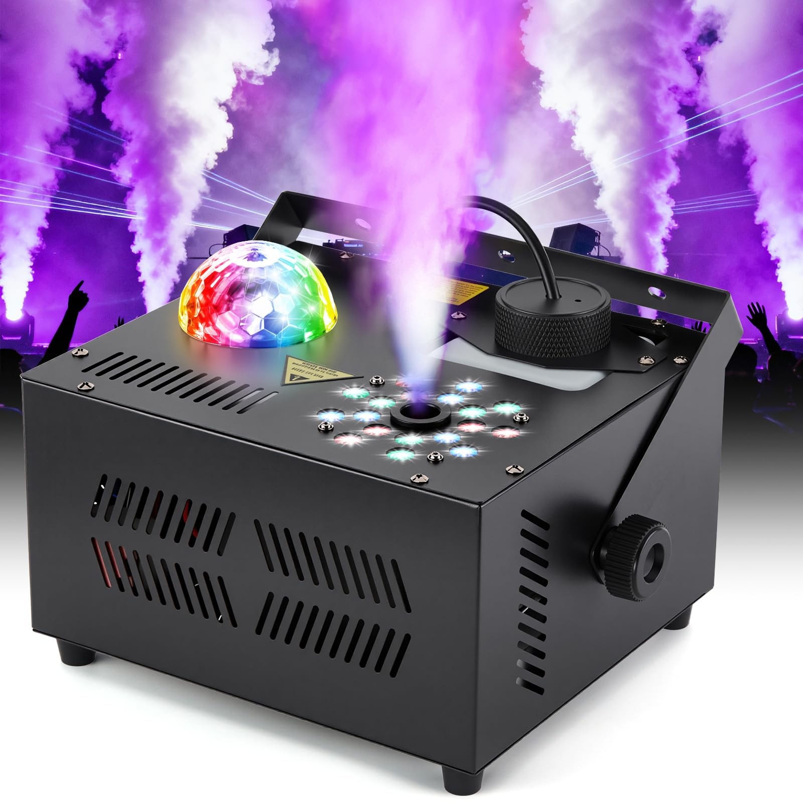 1500W Fog Machine Vertical Smoke Machine with 18 LED Lights, Disco Ball for H...