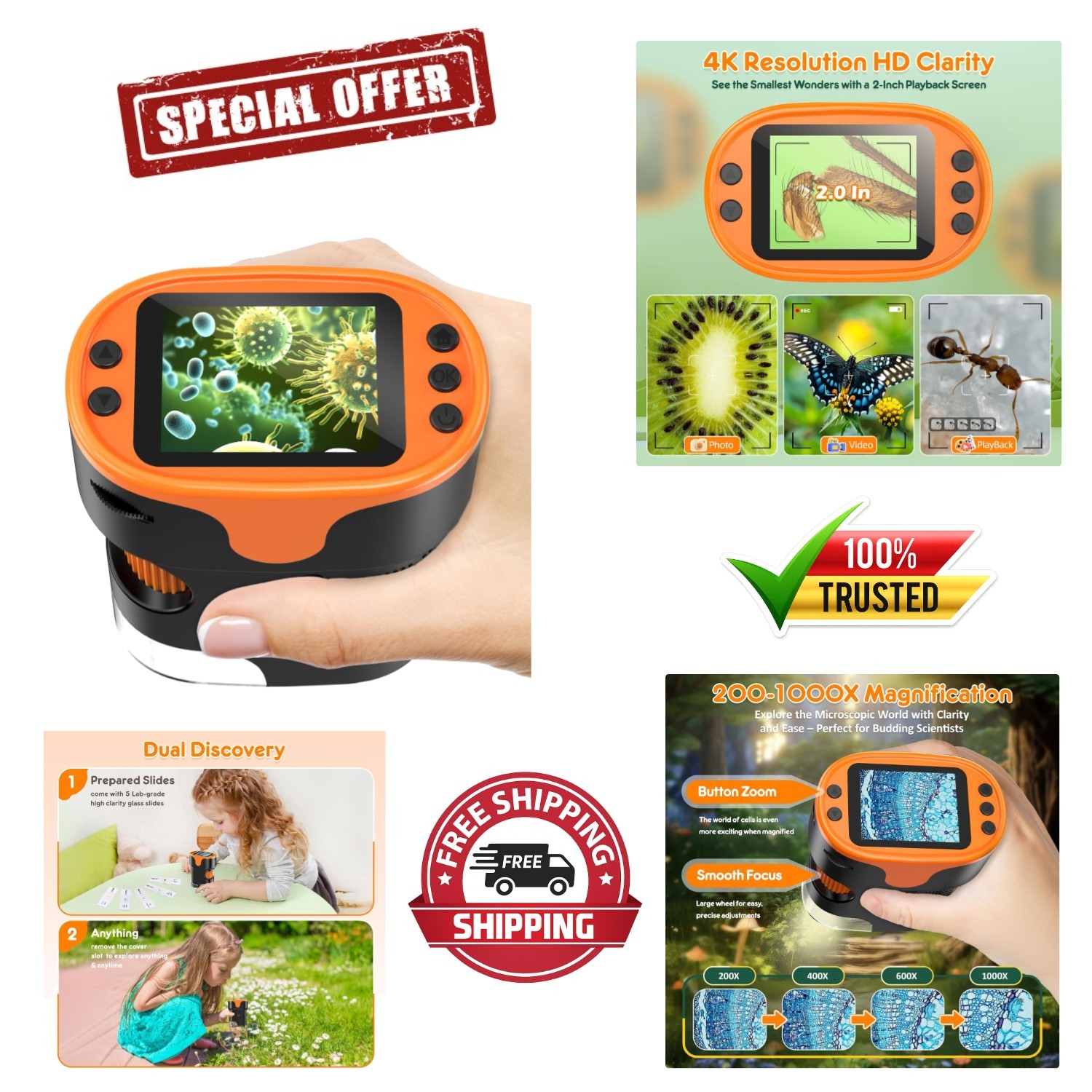 Portable Kids Microscope with 1000X Zoom & 32GB Card - Perfect STEM Gift
