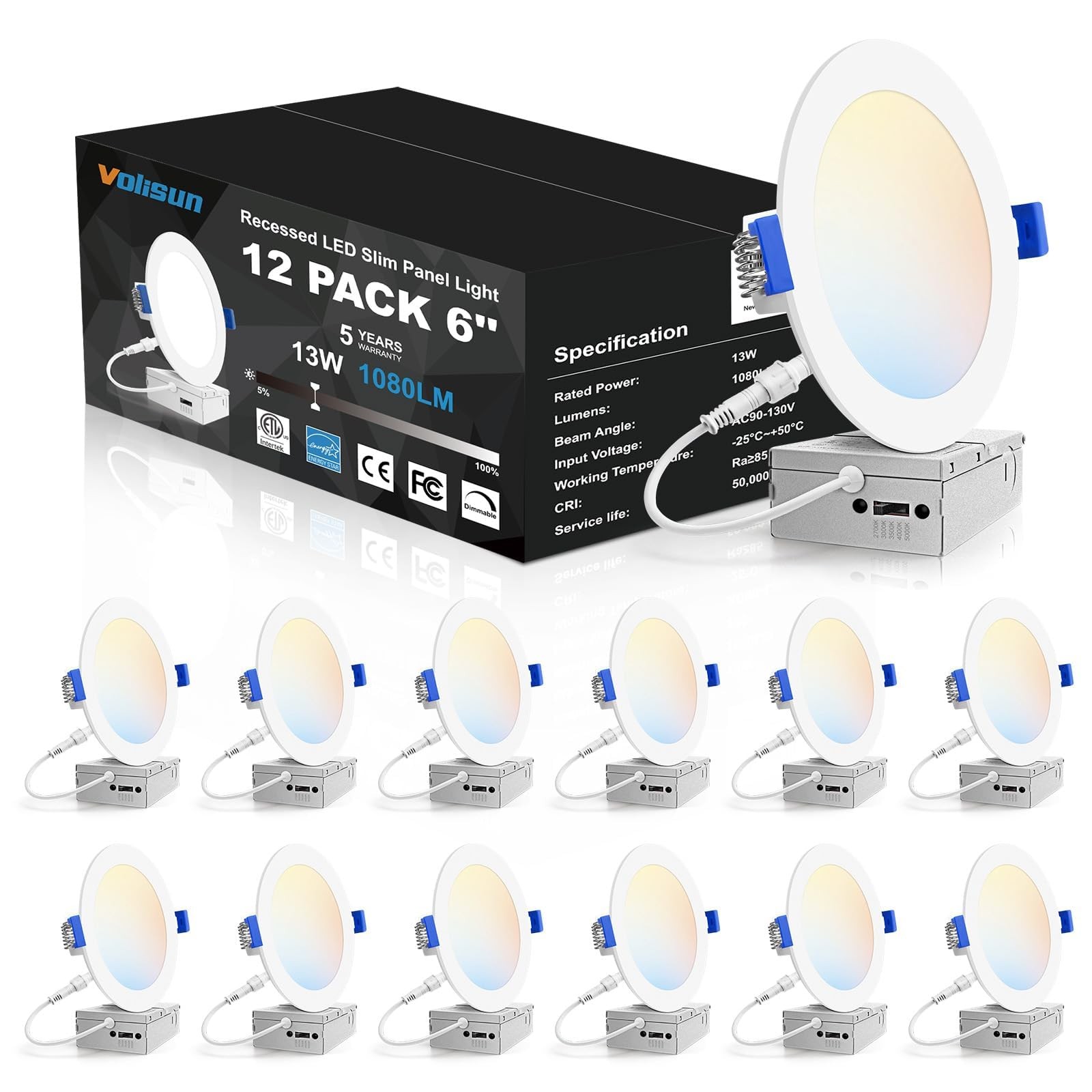 VOLISUN 12 Pack 6 inch Recessed Lighting, 5CCT LED 6 INCH, White